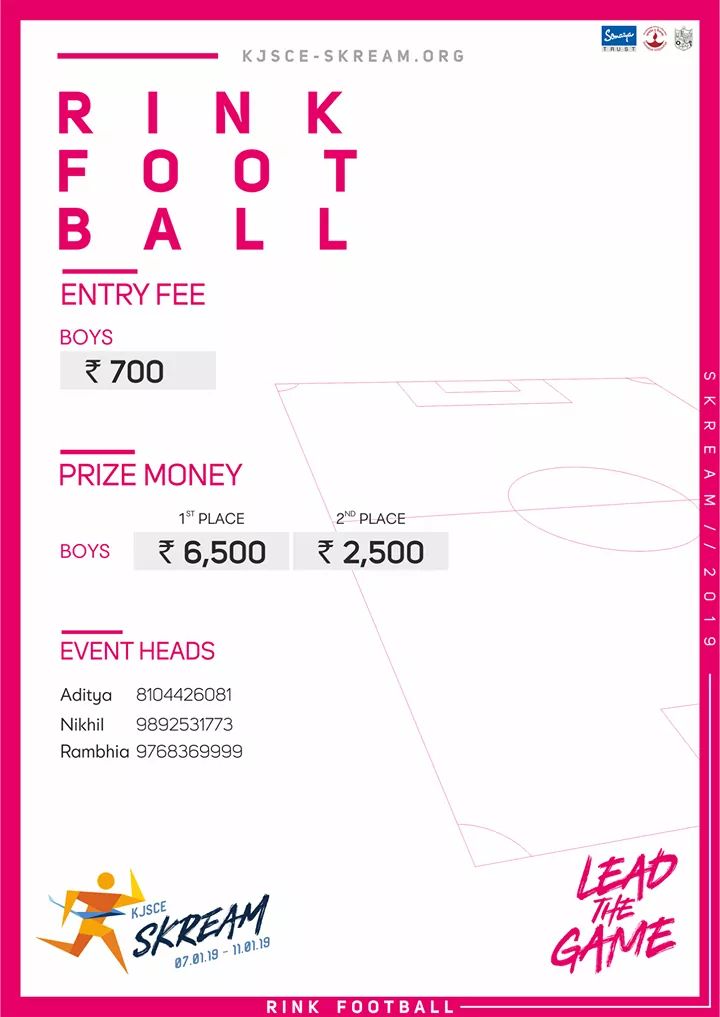 kjsceskream's tweet photo. If fast-paced football action is your thing, then we invite you to participate in the rink football tournament at Skream 2019. Hope to see you there!
For more details: https://t.co/vS5EoWNOWD
#LeadTheGame #KJSCESkream
#Skream2019 https://t.co/iZj1REStaO