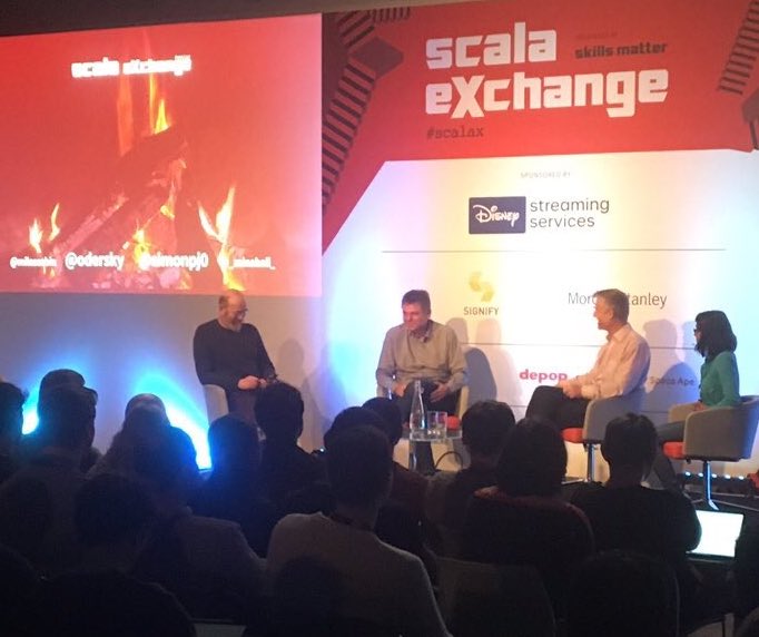 SophieAtSM's tweet image. &quot;I wanted #Haskell to be seen as principled - and was surprised when it also turned out to be useful!&quot; Fantastic friendly, funny - and insightful - conversation between Simon Peyton Jones and @odersky here at #scalaX 🔥 #Scala #FunctionalProgramming