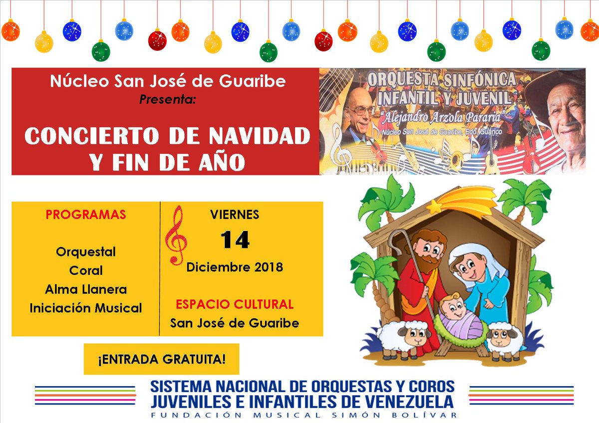 Nuestro <a href="/NucleoGuaribe/">Nucleo Guaribe</a> cierra hoy el año con un maravilloso concierto que se llevará a cabo en las instalaciones del Espacio Cultural San José de Guaribe a las 4:00pm. ¡No te lo puedes perder!