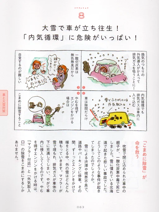 雪に注意のつづき。
「おかあさんと子どものための防災＆非常時ごはんブック」より
#非常時ごはんブック　#大雪　#雪で立ち往生　#内気循環　#一酸化炭素中毒 