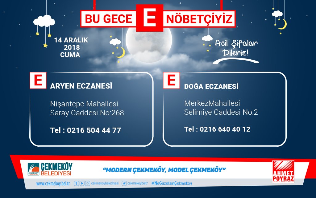 Çekmeköy’de Nöbetçi Eczaneler 
Hayırlı Akşamlar 
Eczane adresleri: webgis.cekmekoy.bel.tr/keos