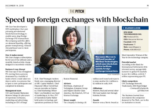 Excited for 9th Gear to be featured as part of the <a href="/svbizjournal/">Silicon Valley Business Journal</a> "The Pitch" Series.  Thanks <a href="/SVBizCrom/">Cromwell Schubarth</a> for the interview!  #fintech #blockchain #siliconvalley