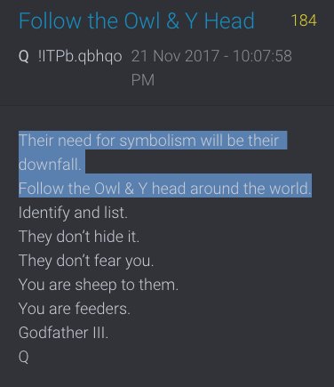 We now have TRUST, 5:5, & Watch the water w/ the D[TRUST]C & that it is, in fact, part of the FED RESERVE. Any other coincidences?Q184Their need for symbolism will be their downfall.Follow the Owl & Y head around the world.Do YOU see a Y & an Owl? @POTUS  #PatriotsUnited  #Q