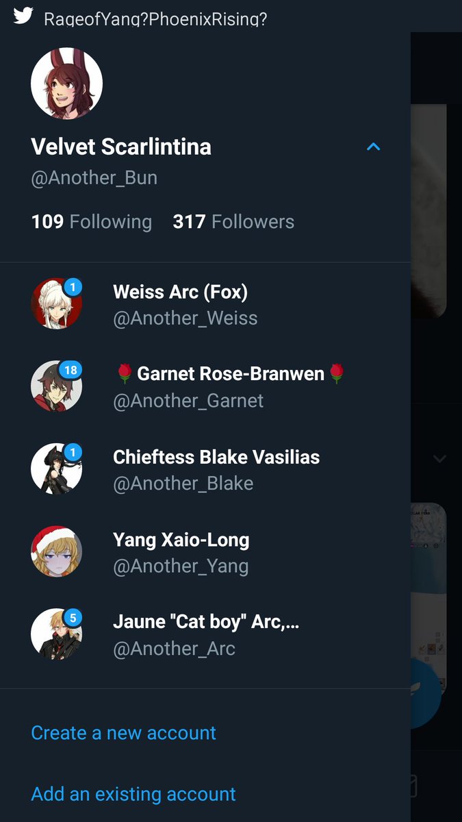 //I made my accounts more uniform together so...
<a href="/Another_Arc/">Jaune Arc</a> 
<a href="/Another_Bun/">Velvet Scarlintina</a>
<a href="/Another_Garnet/">「🌹」ɢᴀʀɴᴇᴛ ʀᴏsᴇ-ʙʀᴀɴᴡᴇɴ</a>
<a href="/Another_Weiss/">Cᴏʟᴏɴᴇʟ Wᴇɪss Sᴄʜɴᴇᴇ 「ғᴏx」</a>
And my new Yang: <a href="/Another_Yang/">Yang Xaio-Long</a>