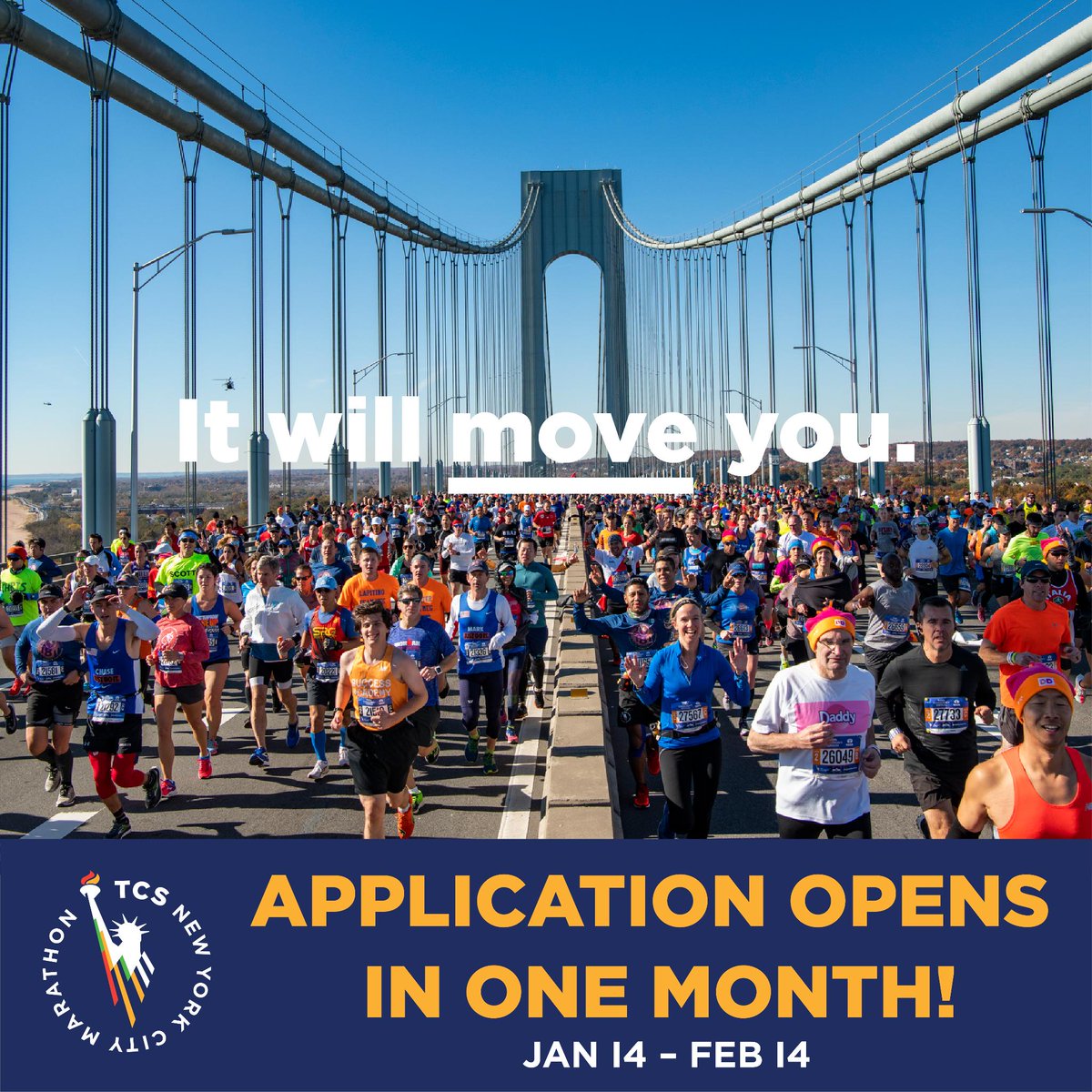 Save the date! 🗓️ The 2019 #TCSNYCMarathon application opens on Monday, January 14. 
Learn more about the application process here: bit.ly/2Lhb9tt