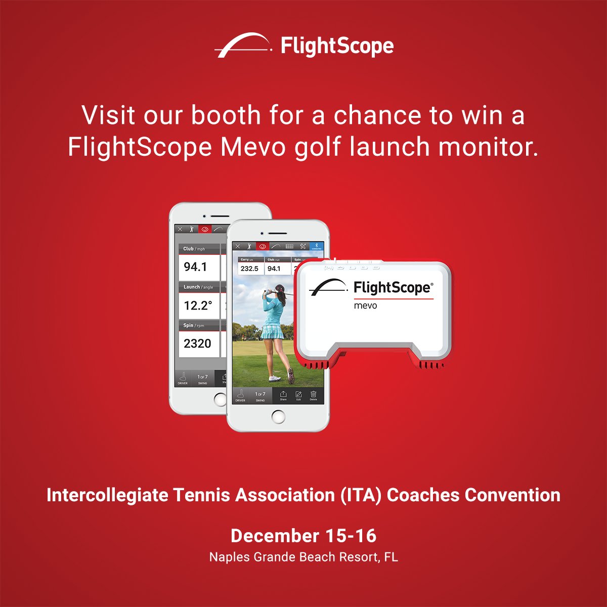 YOU could be the lucky winner of our @FlightScopeMevo giveaway! Stop by and see us at the @ITA_Tennis Convention tomorrow for a chance to win your own personal golf launch monitor. #FlightScopeNumbers