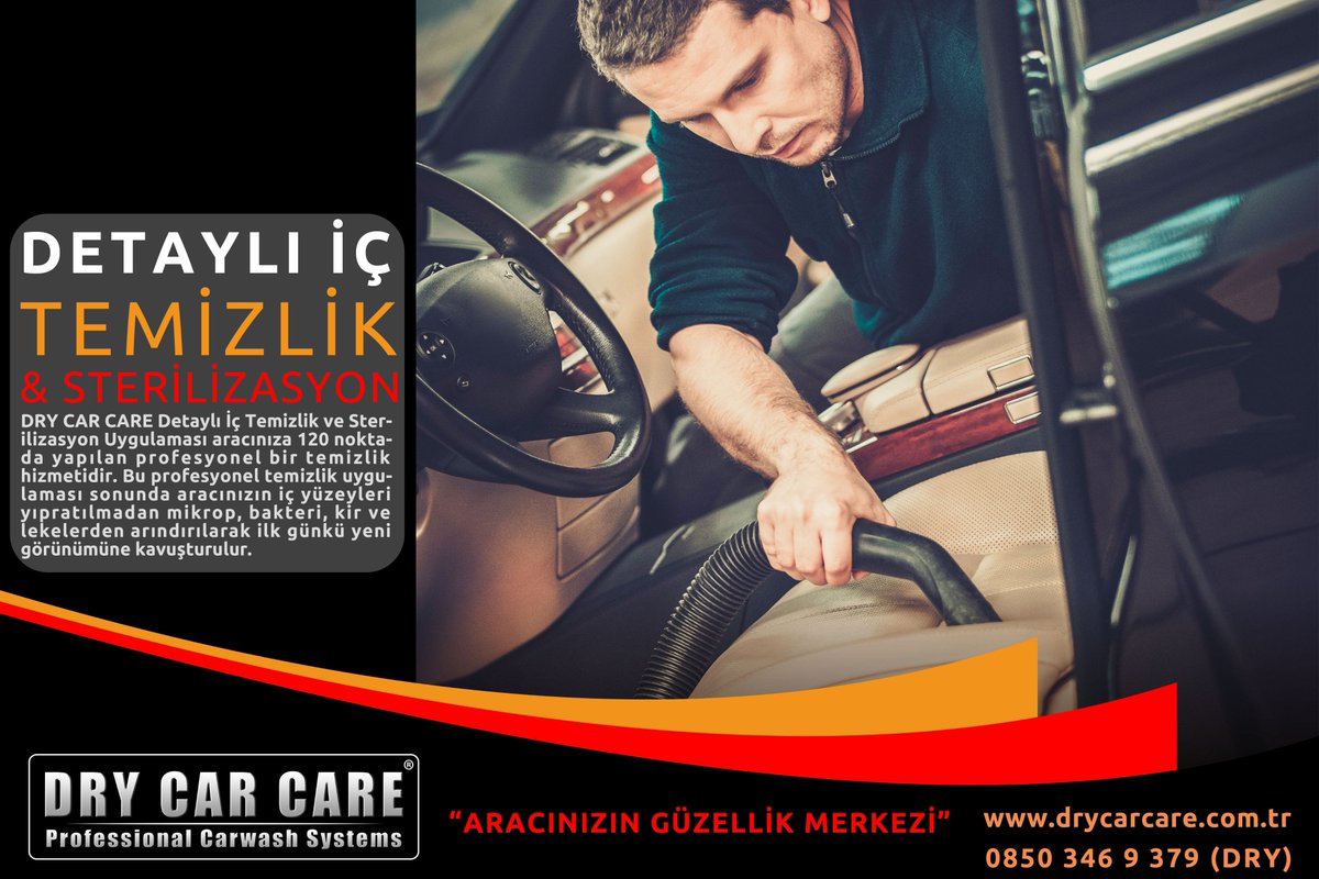 DRY CAR CARE Detaylı İç Temizlik ve Sterilizasyon Uygulaması aracınıza 120 noktada yapılan profesyonel bir temizlik hizmetidir. 
drycarcare.com.tr  |  0850 346 9 379 (DRY)
#drycarcare #detaylıiçtemizlik #otokuaför #otoyıkama #sterilizasyon #carcare #carwash #detailing