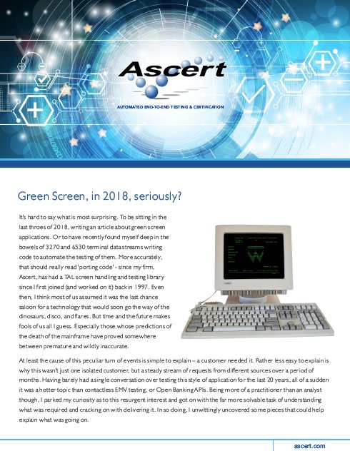 ascert's tweet image. Modern Test Automation for Legacy Applications - Ascert Automated End-to-End Testing and Certification - Green Screen, in 2018, seriously? 
testing.ascert.com/news/modern-te…