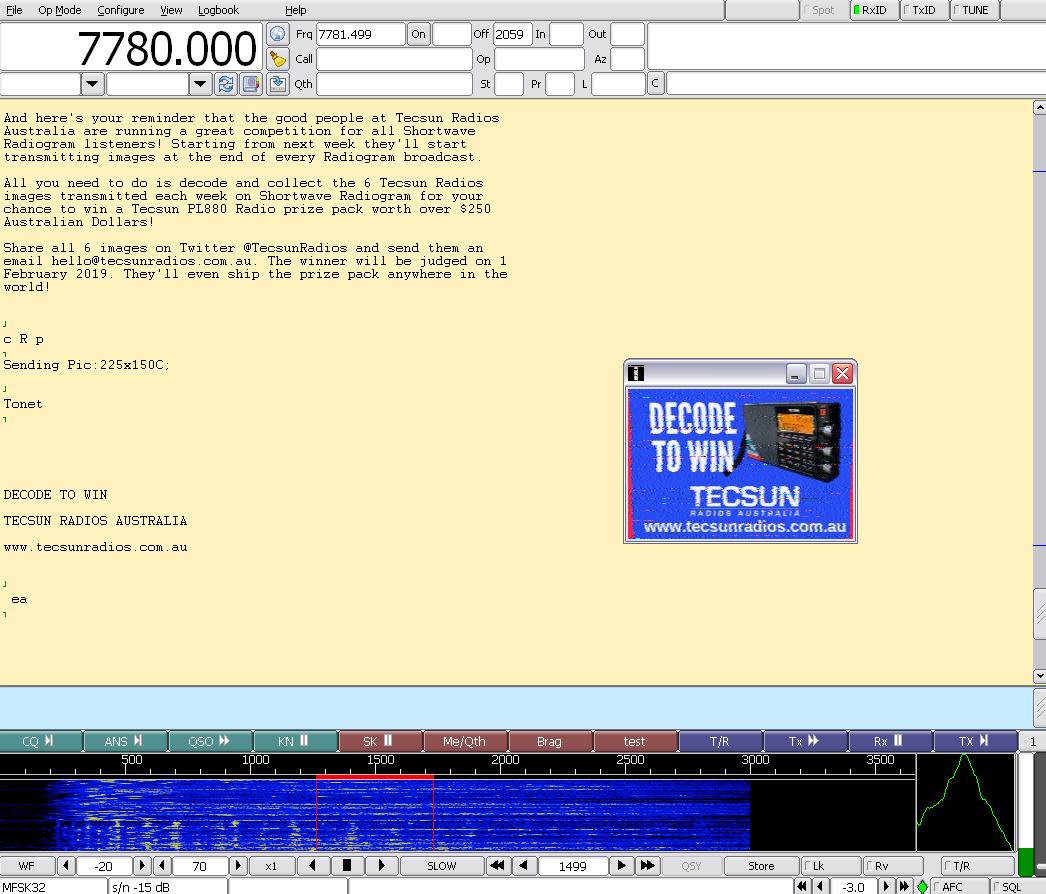 F4ECA's tweet image. Shortwave Radiogram 7780kHz WRMI ,The message MFSK32 from #TecsunRadios #DecodeToWin  #swl #bcl