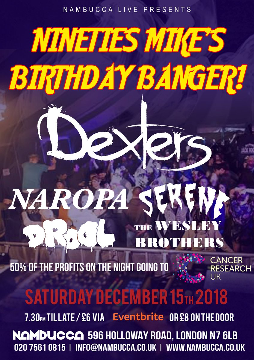 The stage times for #NMNBB are:

The Wesley Brothers 8:30
<a href="/droolmusic/">Drool</a> 9:15
<a href="/sereneband/">SERENE</a> 10:00
<a href="/naropaband/">Naropa</a> 10:45
<a href="/DEXTERS_band/">.</a> 11:30
<a href="/daniel_woolf/">Daniel Woolf</a> (DJ) 12:15
@Disco_MarkY (DJ) 1:00
<a href="/harleycassidy/">Harley Cassidy</a> (DJ) 1:45

<a href="/elisewouters/">Elise Wouters</a> will also be popping up in the gaps with wonderful wordplay!