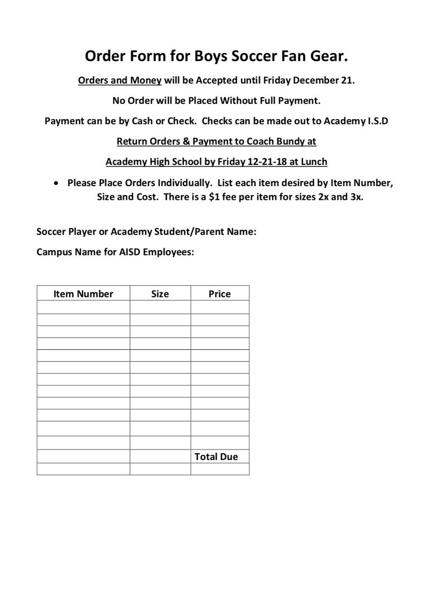 AISDBeeBoosters's tweet photo. #AHSBoysSoccer 
Please Info and Order form for   
Boys Soccer Fan Gear; orders and payment are due by Friday December 21st!!
#BumblebeeNation

-Coach Byron Bundy https://t.co/OrlIPrMeSK