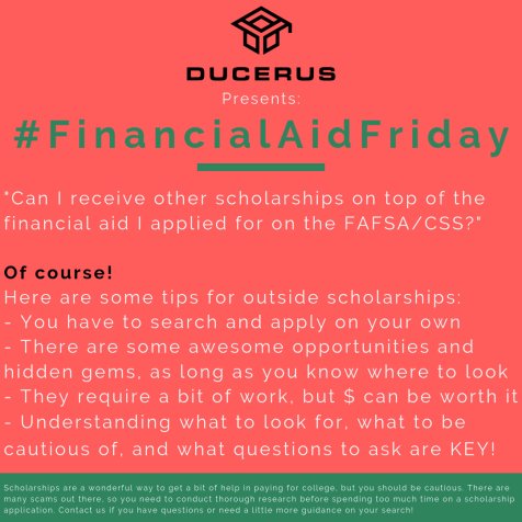 AskHeadquarters's tweet photo. It's time to chat about #scholarships! Our #FinancialAidFriday tip will get this convo started. *Hint hint* keep an eye out for a blog link over the weekend for even more info on #College scholarship search and #FinAid impacts! Happy #Friday! #FridayMotivation https://t.co/aqiIalf2UZ