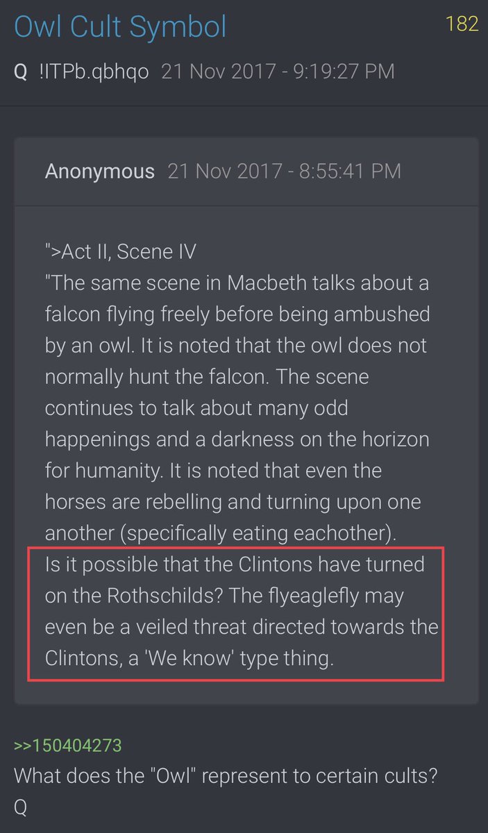 HRC CF taking over?Q182“Is it possible that the Clintons have turned on the Rothschilds? The flyeaglefly may even be a veiled threat directed towards the Clintons, a 'We know' type thing.”What does the "Owl" represent to certain cults?Q @POTUS  #QArmy  #PatriotsUnited  #QAnon