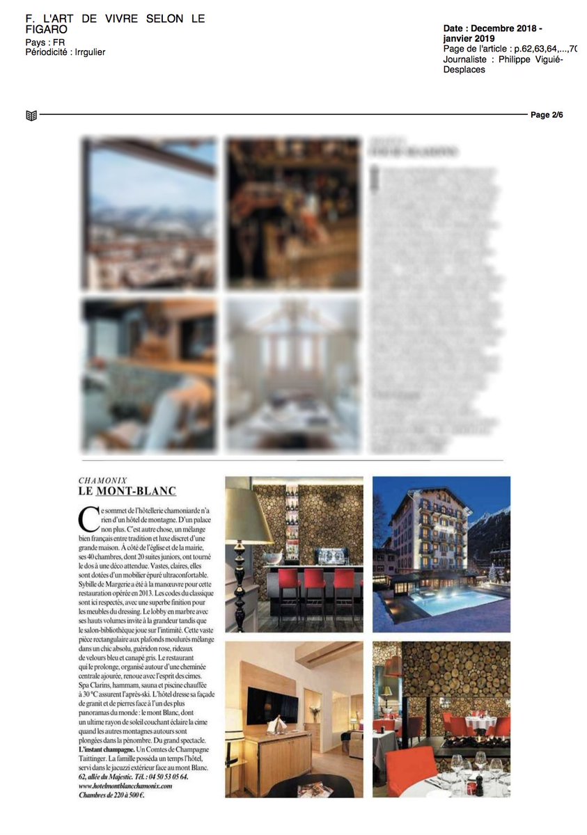 Quel plaisir de voir l'Hôtel Mont Blanc parmi la selection des 10 plus beaux hôtels de montagne par "F", nouveau magazine Art de vivre du Figaro 😀

Merci Le Figaro pour cette invitation en haut des cimes ! ❄️

- <a href="/Le_Figaro/">Le Figaro</a> - Décembre 2018 -