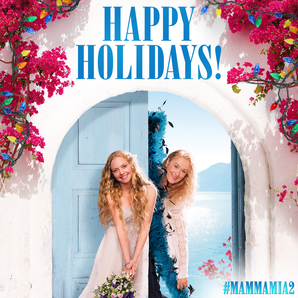 mammamiamovie's tweet photo. Happy Holidays from #MammaMia2. We hope you dance, jive, and have the time of your life! 🎁 https://t.co/E8kIDLlaoE