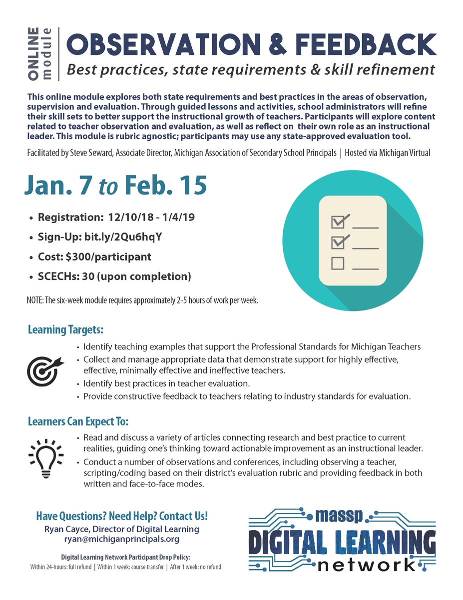 rcayce's tweet image. The @massp #DigitalLearningNetwork is back with new, online programming! Sharpen your observation &amp;amp; feedback skills with @sewardstephen starting in the new year during this 6-week course.  Register at bit.ly/2Qu6hqY #DLN