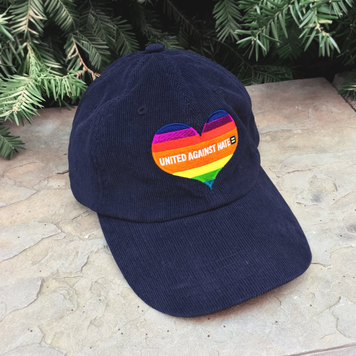 HRC hat in navy saying "united against hate"