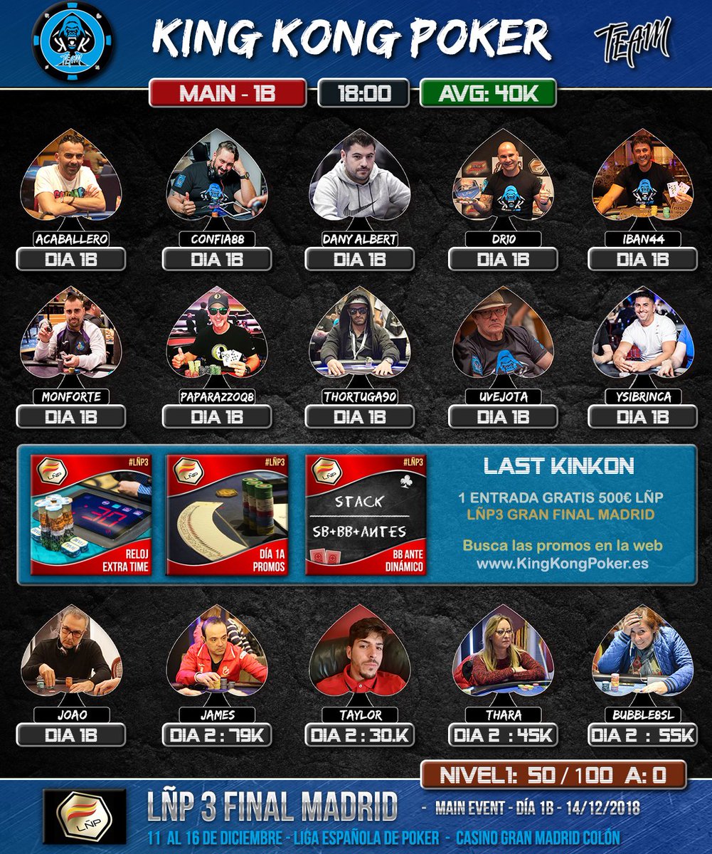 KingKongPoker's tweet photo. 📡#KingKongLive 18:00 GRAN FINAL ♠️@ligaESpoker DIA 1⃣🅱️@CasinoGranMad Colón

Desembarca gran armada de #Kinkones con 1⃣1⃣ #Kompañeros

🦍@sglconfia88
🦍@DaniRueda10
🦍@cpilc20
🦍@pokeriban44
🦍@DaniPokerAA
🦍@enricbayon
🦍@ThorTuga90
🦍@santiag63423309 
🦍#Uvejota

GL #KinKones https://t.co/DyPrMUI8bt