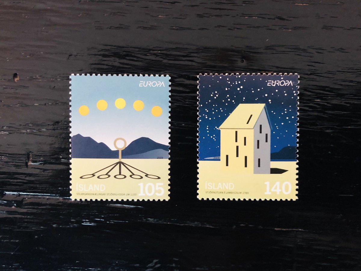 Let’s start with these from Iceland. First, look how beautiful! Any stamp that uses simple geometry and color this way gets a  from me. But the one on the right totally captures my heart. Look at that house. Look at its windows! Look how they echo the constellations in the sky!