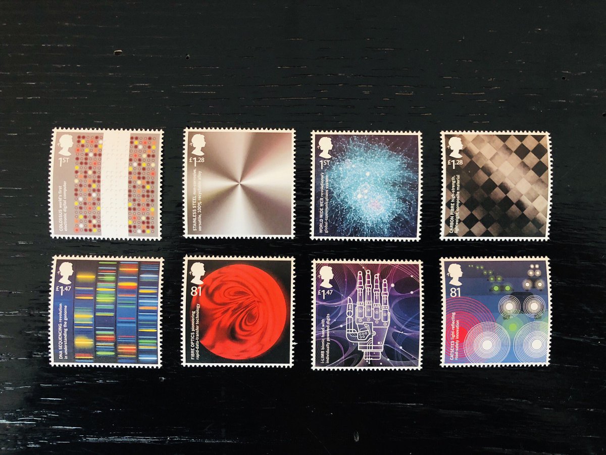 Ok. Let’s cross the pond now. This UK set is what I’m all about. Each one is about some idea, discovery, or material innovation. I’m going to zoom in on a couple, but as I’ve already said a few times, I love how stamps can celebrate ideas, not just memorialize.