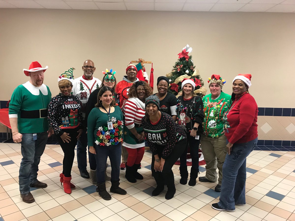 SpringISD's tweet photo. #SpringISD Transportation Dept is definitely feeling the holiday spirit today! Check out these sweaters! #SweaterSpring https://t.co/6xkcEpNSlu