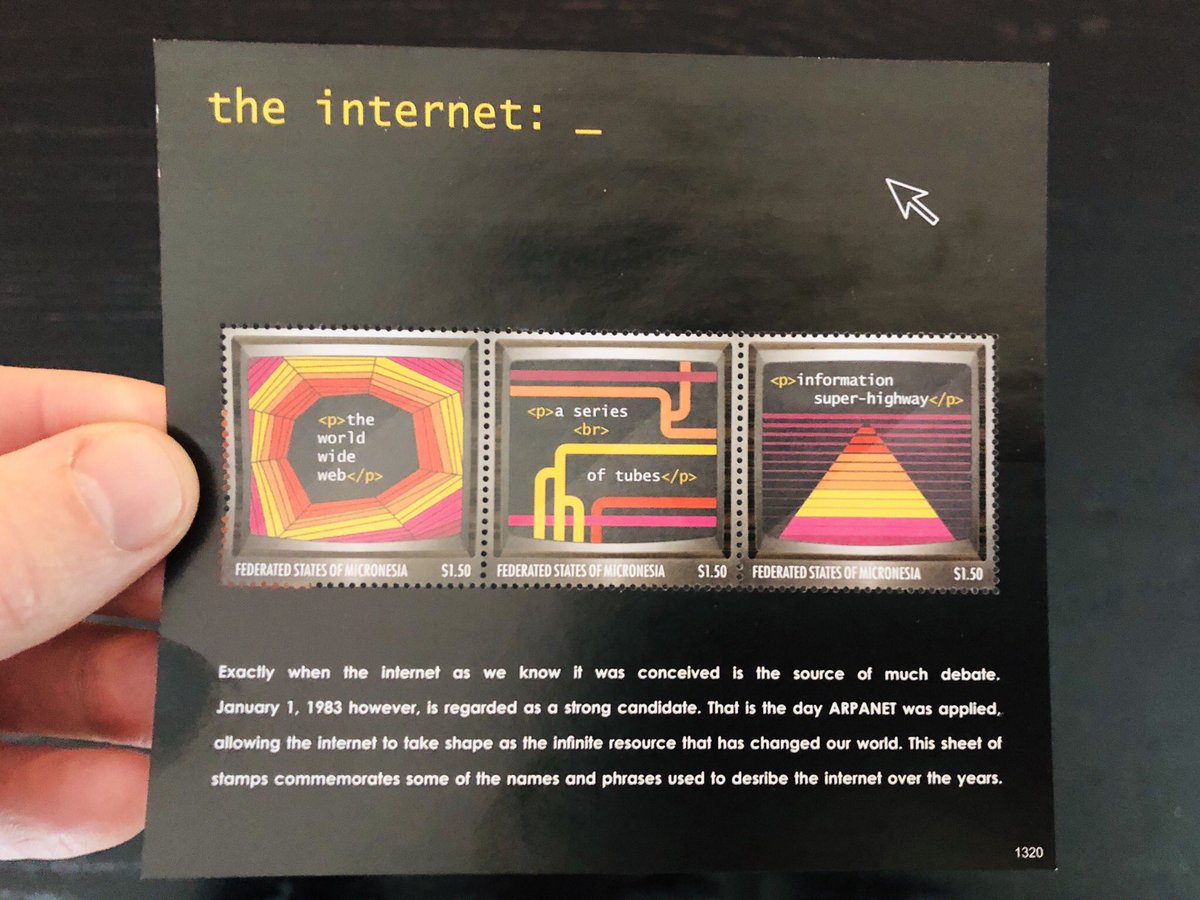 A few days back I showed a larger one of this set from Micronesia. Here are the rest. The World Wide Web. A series of tubes. Information super-highway. All wrapped in <p> tags. With a history lesson in the margin. It’s got it all :)