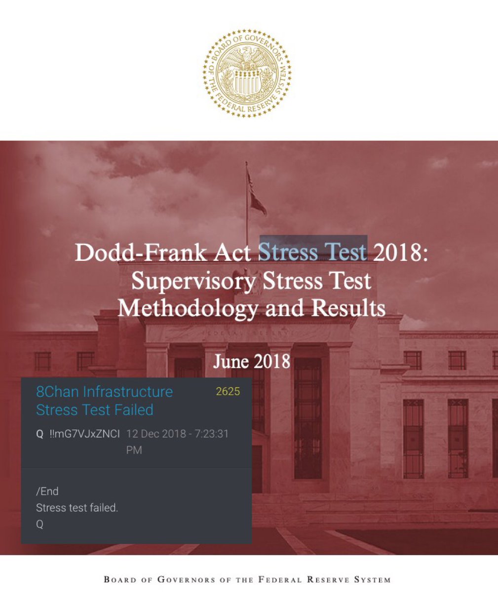The Dodd-Frank Wall Street Reform & Consumer Protection Act is a massive piece of financial reform legislation passed by the Obama administration in 2010.Dodd-Frank Act Stress Test 2018? https://www.federalreserve.gov/supervisionreg/dfa-stress-tests.htmQ2625/EndStress test failed.Q @POTUS  #QArmy  #PatriotsUnited  #QAnon