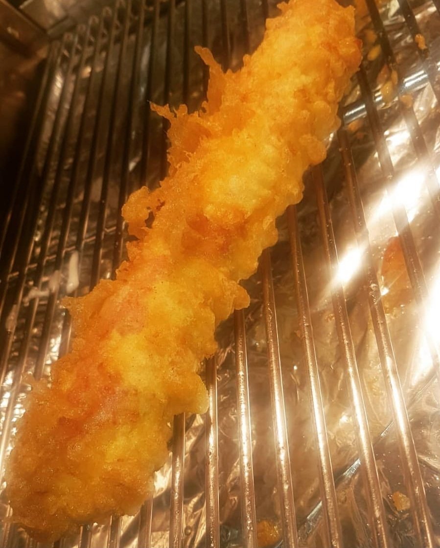 Battered Jumbo Pigs in Blanket. On as special till Xmas. #XmasTreats #pigsinblankets #Montrose #chips #oinkoink