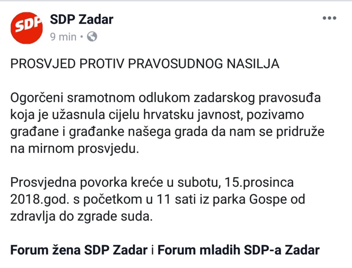 Pozivamo sve građane da nam se pridruže u prosvjedu protiv pravosudnog nasilja povodom sramotnih događanja na zadarskom sudu!
