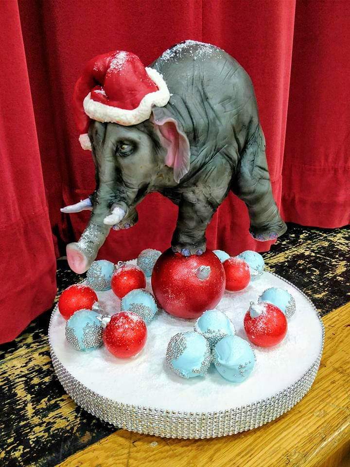 Elfyn the elephant couldn't contain his excitement when he saw the largest Christmas bauble ever! Gravity defying cake. #gravitydefyingcake #edibleart #Anglesey