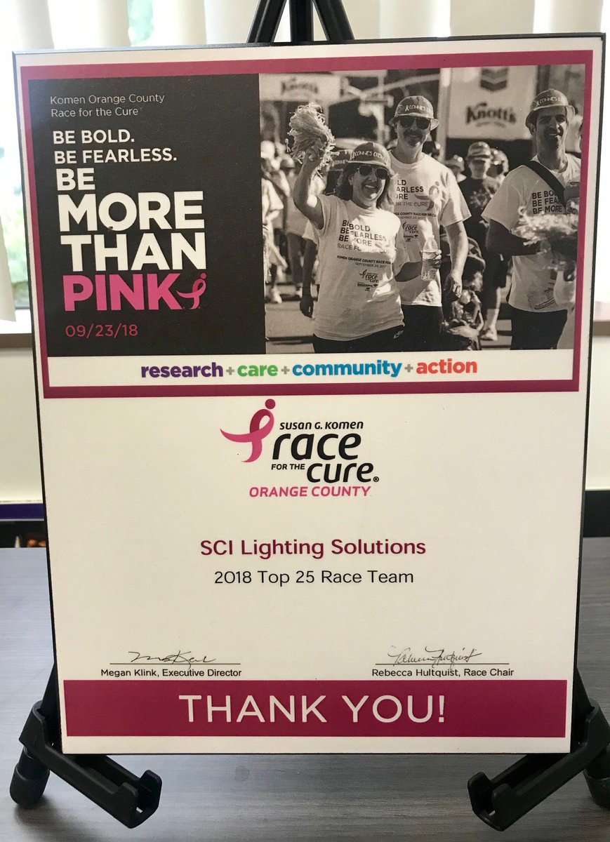 sci_lights's tweet photo. SCI is proud to have been recognized as a 2018 Top Race Team by @KomenOC! Thank you to our awesome race team and to all of our fundraisers! We're already looking forward to the 2019 Race for the Cure event! #RacefortheCure #MorethanPink #SCILights #GiveBack #KomenOC #Fearless https://t.co/K2LnNAJdEU