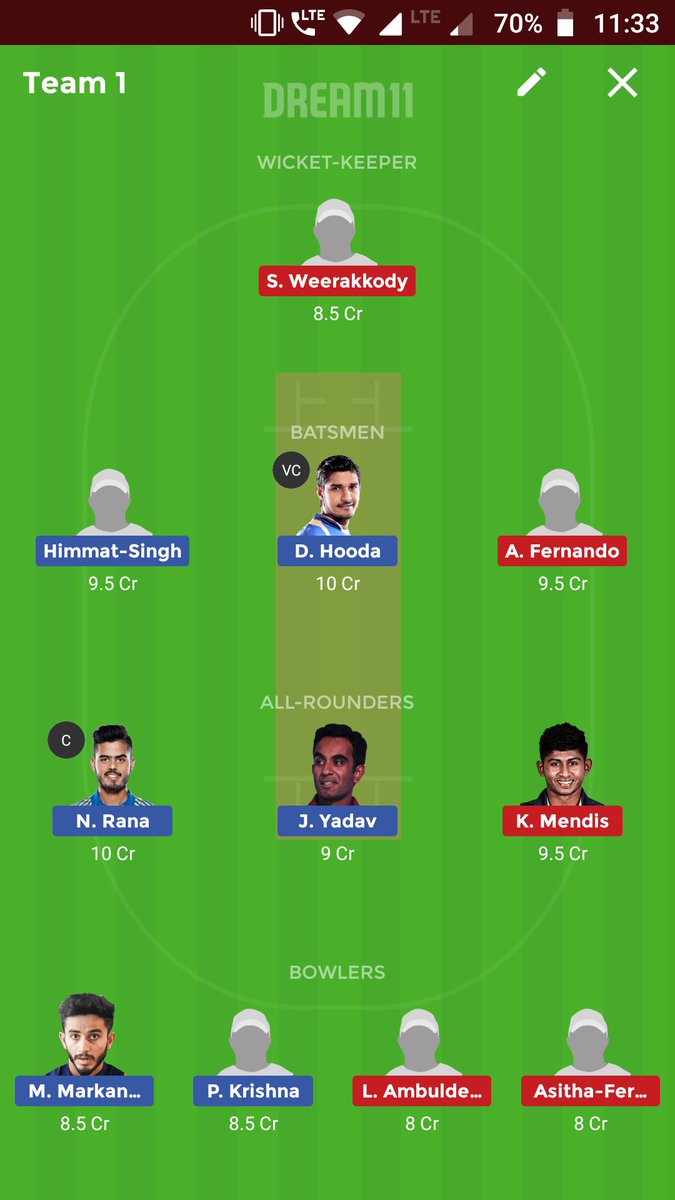 MyDream11Teams's tweet photo. #Dream11Team for #INDvSL . #Dream11Tips : If you want you can replace Prasidh Krishna with any other of your choice! #Dream11 #Dream11expert #EAC2018 https://t.co/yvNtlH5a6f