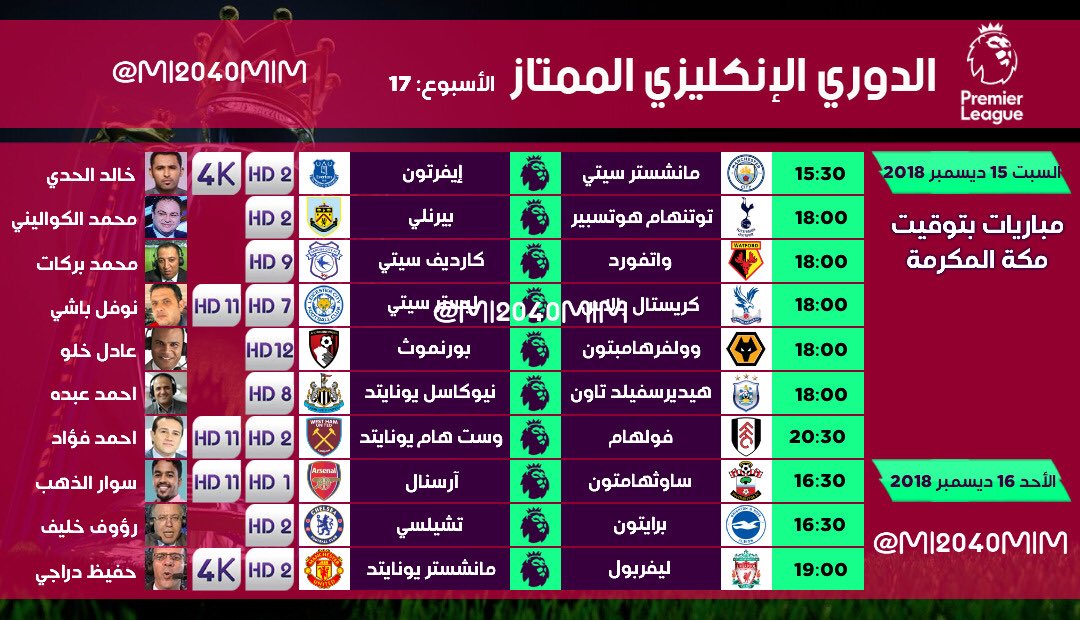 جدول مباريات ومعلقي الدوريات الاوربية