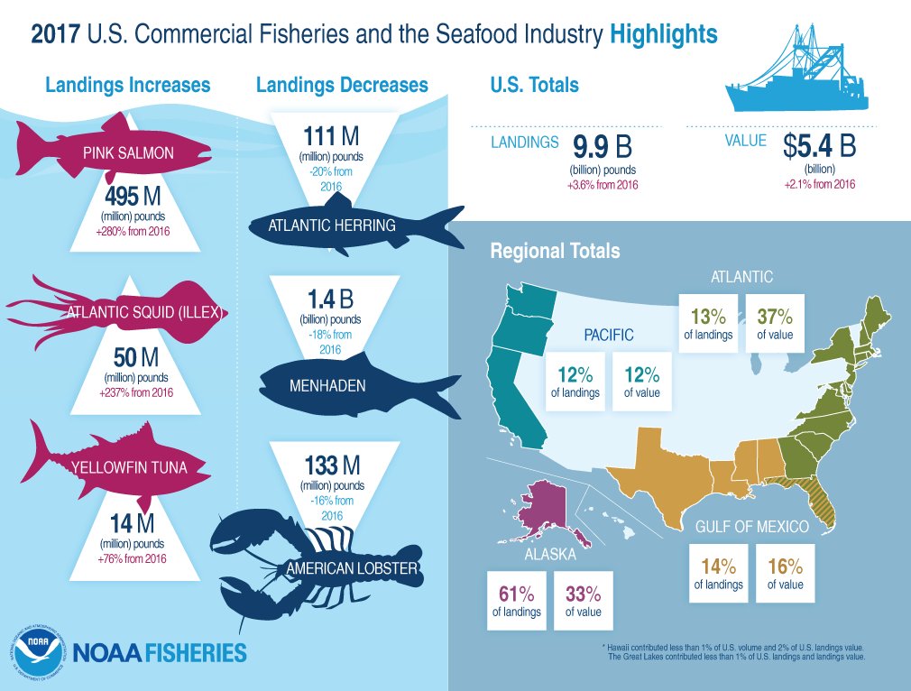 NOAAFisheries's tweet photo. Fishing and seafood consumption in the United States increased in 2017, with landings and value of U.S. fisheries continuing a strong, positive trend adding $110 million to the seafood industry. Check out our latest reports to learn more: https://t.co/orpC6IcNwL https://t.co/m0hoUYBUc7