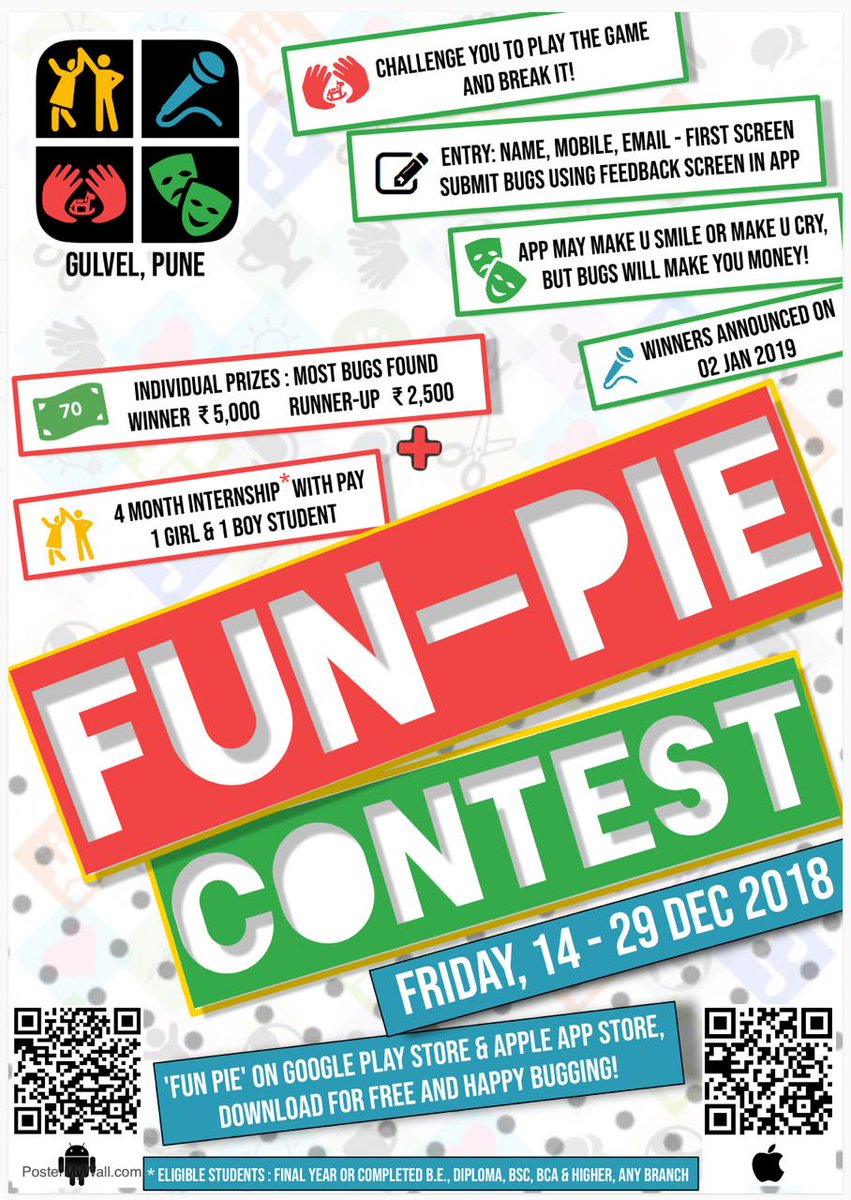 maheshlondhe004's tweet image. Hi All, 

We invite students to enter a contest and win a 4 month paid Software Internship (1 Girl &amp;amp; 1 Boy student) and cash bonus. 

More info on contest poster.
Refferal code while registration in app - MahL094427

Thanks, Team Gulvel
contact@gulvel.com #funpie