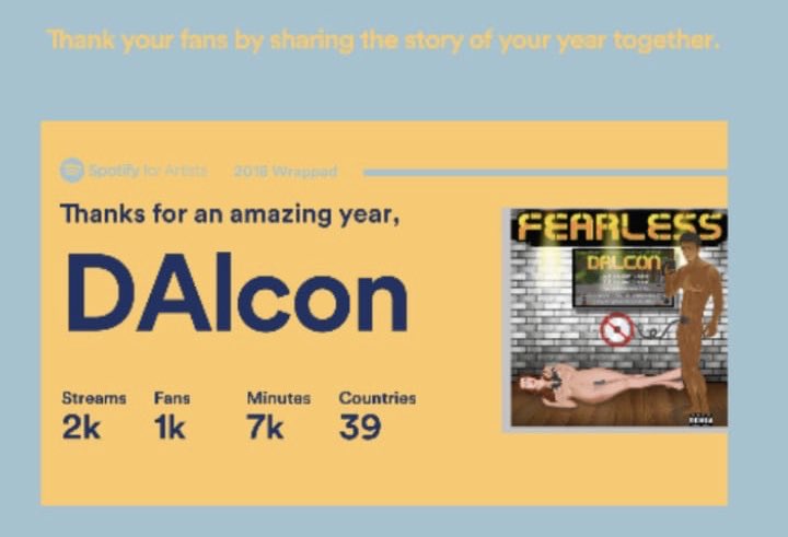 Dalcon32's tweet photo. Thank you to everybody who has taken their time to listen to me this year I appreciate you guys a lot.
#spotify #statistics #artist #spotifywrapped2018 #spotifywrapped #dalcon #health #freestyle #fearless #hiphop #rapper #london #rap #music #musician #news https://t.co/ylIbT27iwD