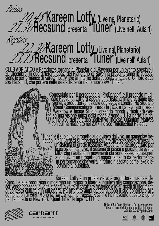 Club Adriatico &amp; Paradoxes back to Ravenna Planetary with a special event:
Kareem Lofty live and Cliffor Sage italian debut aka <a href="/recsund/">Recsund</a> presenting "Tuner" (A/V show).

Details &amp; reservation adriatico.club@gmail.com
More info here goo.gl/mUPTda