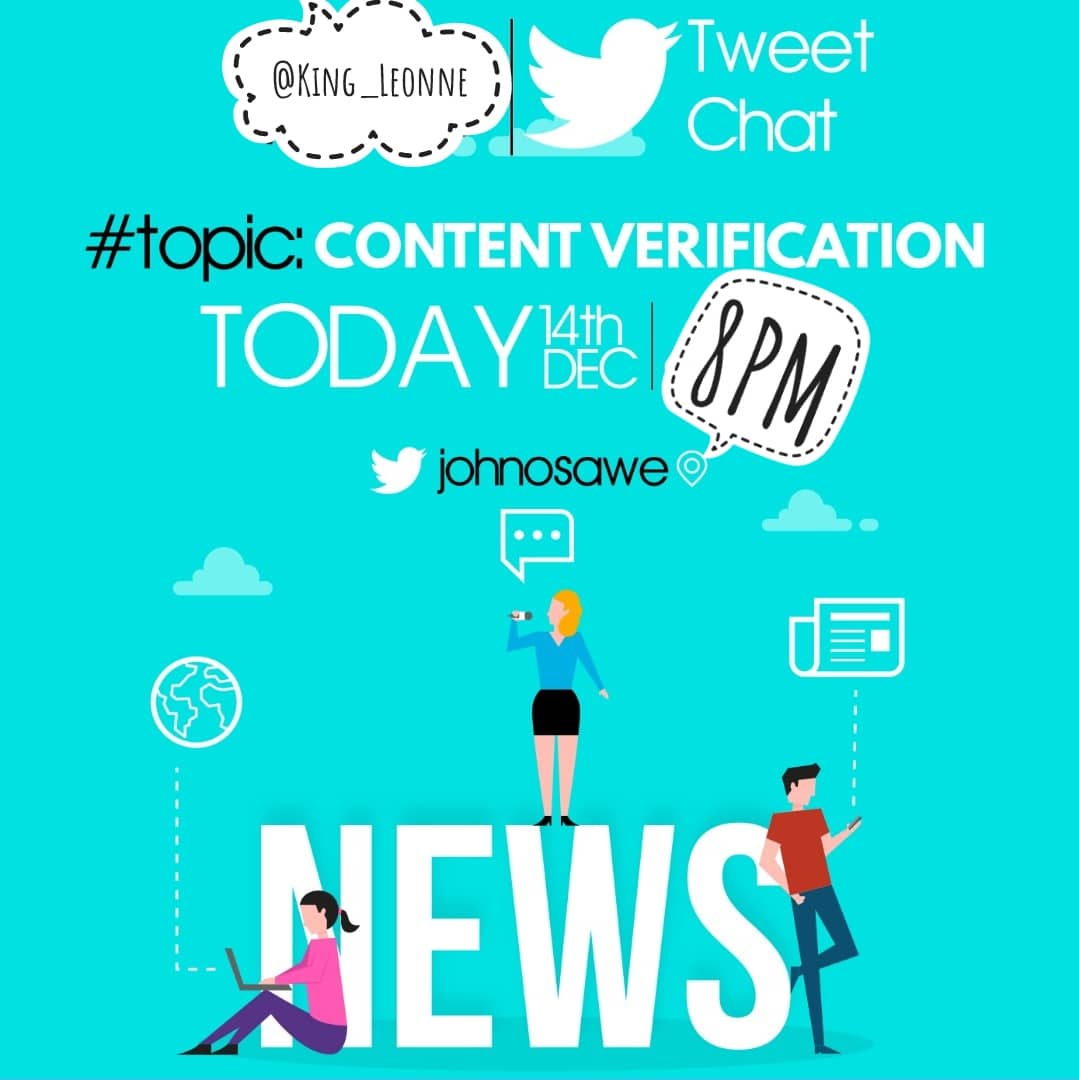 TheKingLeonne1's tweet image. It&apos;s time 🕗
We&apos;re glad to have you join us on the  #ContentVerification.

We&apos;ll be talking about what is fake news and why we should care about it and what to do?

@JohnOsawe will be joining us and telling us more about this.
Please introduce yourself John