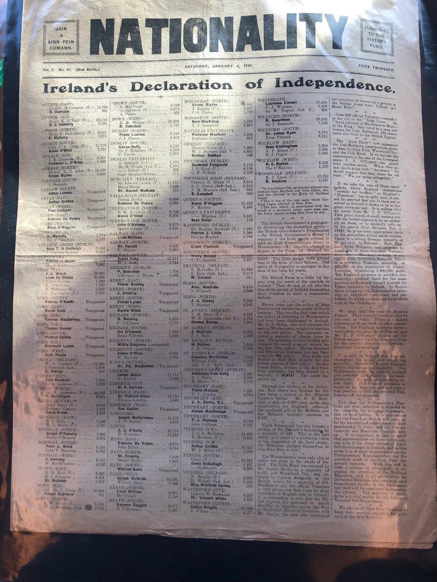 For those wanting the full results of the 1918 election. Front page from the time.
#votail100 #sinnfeinelection.