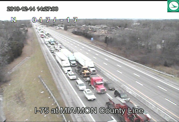 WDTN's tweet photo. TRAFFIC ALERT: All lanes of I-75 SB shut down near Northwoods Boulevard in Vandalia due to a crash. CareFlight on scene. https://t.co/QbFuG3Imx5
