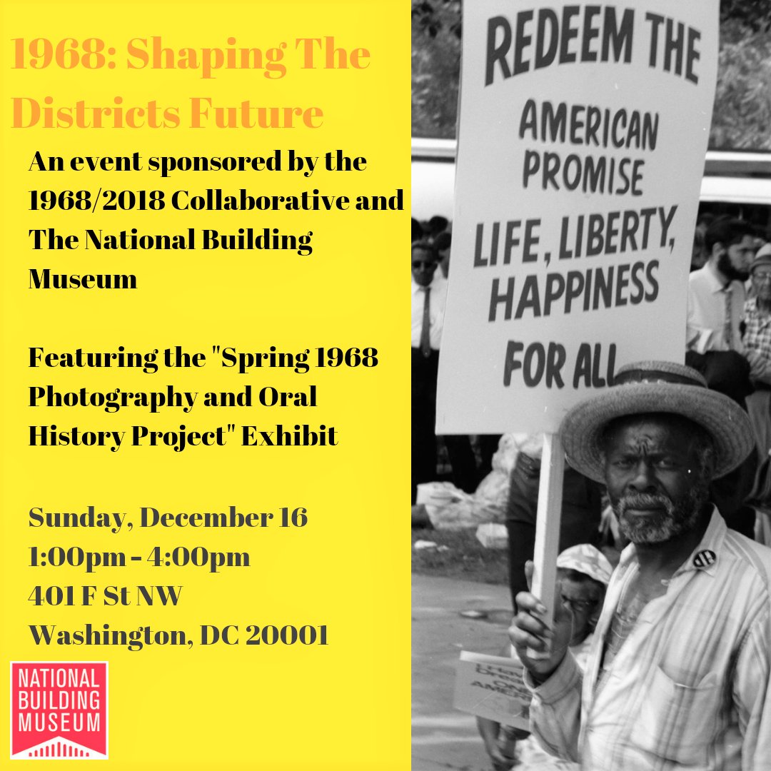 1968stories's tweet photo. Our next exhibition is in TWO DAYS - SUNDAY, 1:00-4:00 PM! The #Spring1968 #Photography Project will be at the “1968: Shaping the District’s Future” event @BuildingMuseum @dc1968project. Our last event of the year.  We want to See You There!  #OralHistory #DC #BlackCulture https://t.co/PvwfyRoNDu