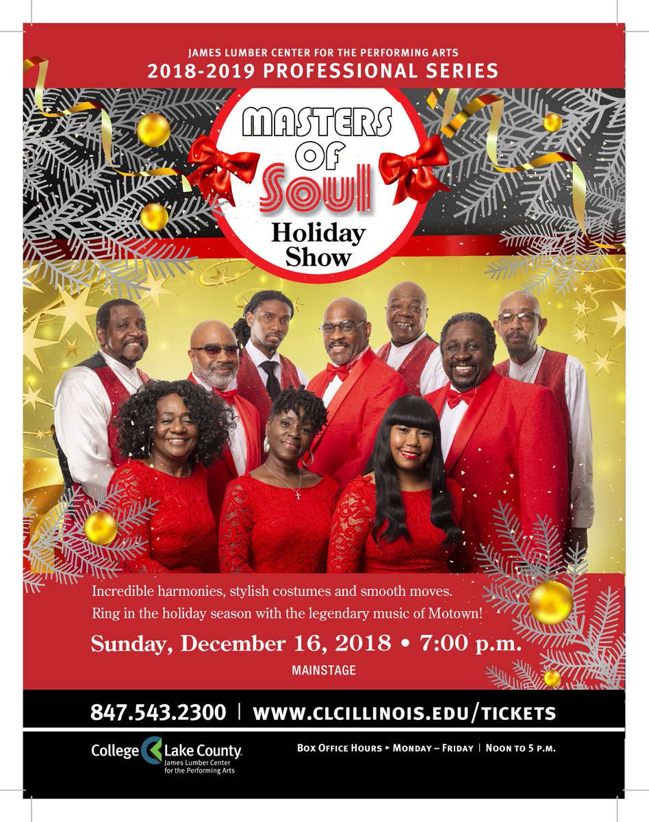 Need a break from holiday shopping? Enjoy the phenomenal MASTERS OF SOUL HOLIDAY SHOW at the James Lumber Center -- Sunday, Dec. 16, 7 pm. You'll be dancing in your seats amidst the songs of The Temptations, Diana Ross and The Supremes and more! Tix at clcillinois.edu/tickets