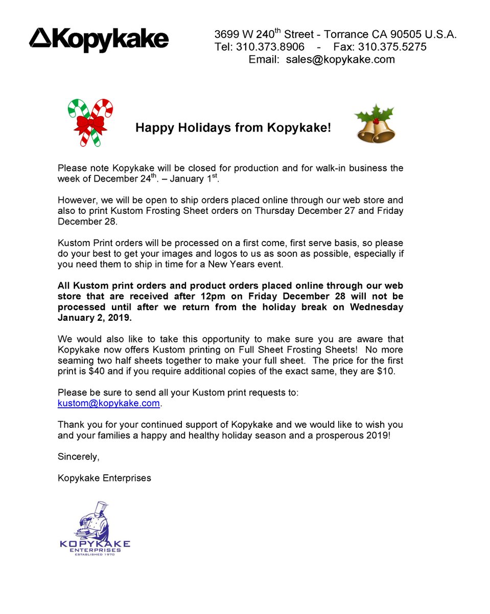 kopykake's tweet image. Kopykake Holiday Schedule: