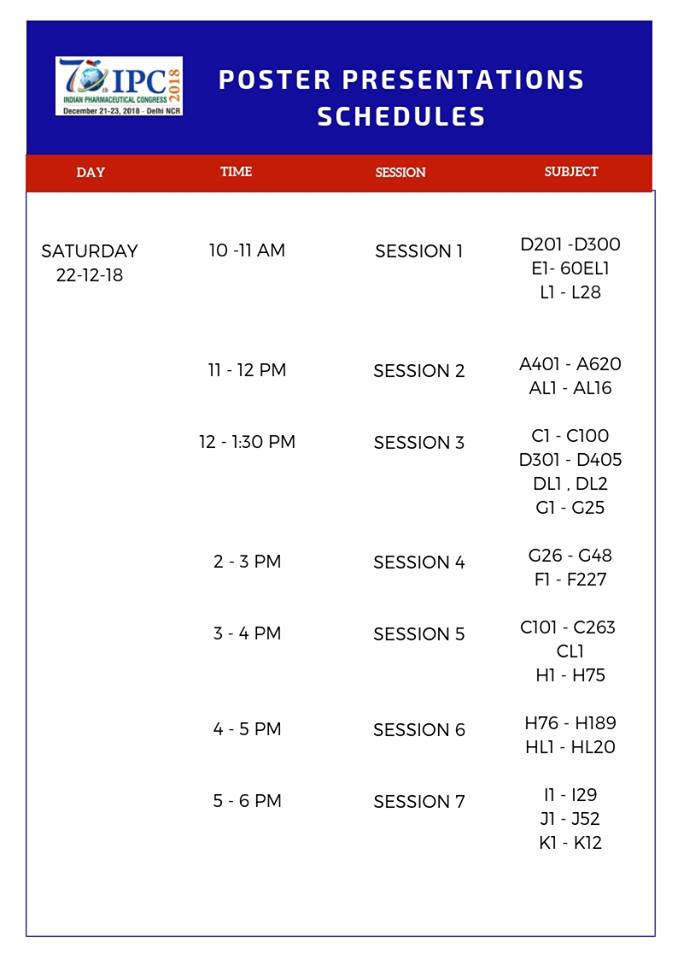 70IPC's tweet photo. All the poster presenters are requested to please refer to this schedule for tomorrow, i.e. 22nd December 2018. 
#70IPC #Amity https://t.co/3YYRcWkWOl