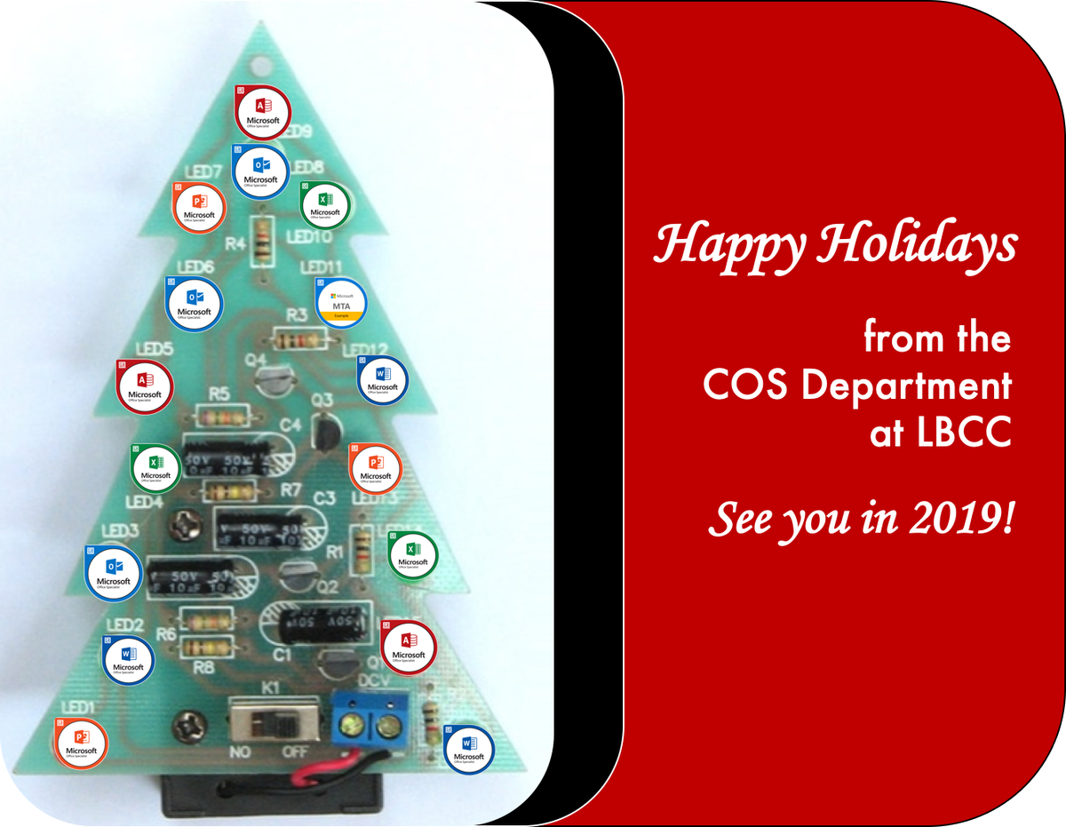 LBCC_COS's tweet photo. We wish you a wonderful holiday season!
Hope to see you in an @LBCityCollege Winter 2019 course, but if not, see you in February!
#COSDepartment #Degrees4TheFuture #Technology https://t.co/sahSKCHdDX