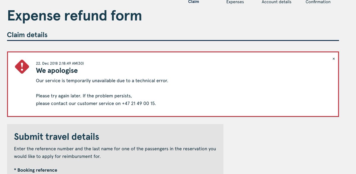 pernas9's tweet photo. @Fly_Norwegian @caanorway Why is expense refund form selectively unavailable due to "technical error"? Can't claim compensation for delayed Dec 14 DXB-OSL flight diverted to Iran due to oil pressure issue. Works for other booking refs (see pics), but not this one? Coincidence? https://t.co/T8uzxnKUmM