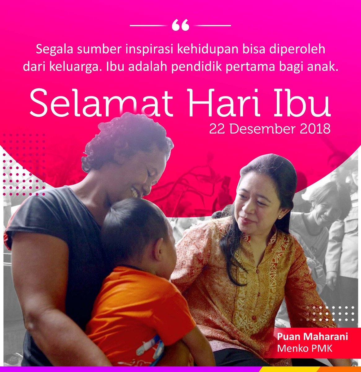 Selamat Hari Ibu, 22 Desember. Segala sumber inspirasi awal bisa diperoleh dari keluarga, ibu adalah pendidikan pertama bagi anak dan ibu pula jadi akar kemajuan generasi, awal kemajuan bangsa.
#SelamatHariIbu 
#JokowiMembangunDesa 
#happymothersday 
#kemenkopmk 
#puanmaharani
