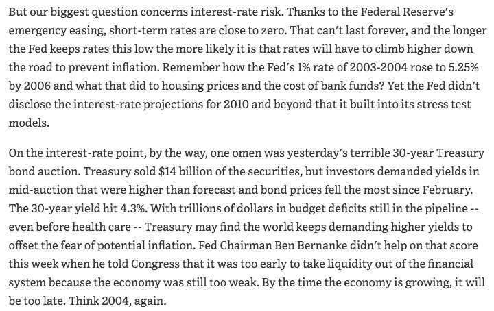 May 2009  https://www.wsj.com/articles/SB124173868341998567?mod=searchresults&page=15&pos=9"With trillions of dollars in budget deficits still in the pipeline -- even before health care -- Treasury may find the world keeps demanding higher yields to offset the fear of potential inflation."