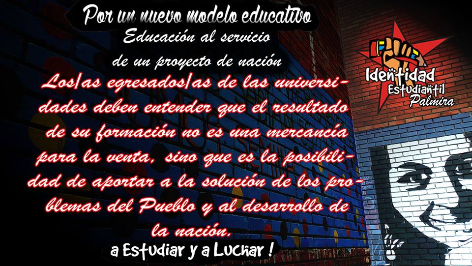 Educación al servicio de un proyecto de nación.

#AEstudiarYALuchar
#LiberaciónNacional
#PNIEPalmira
#IdentidadEstudiantil
#PoderPopular