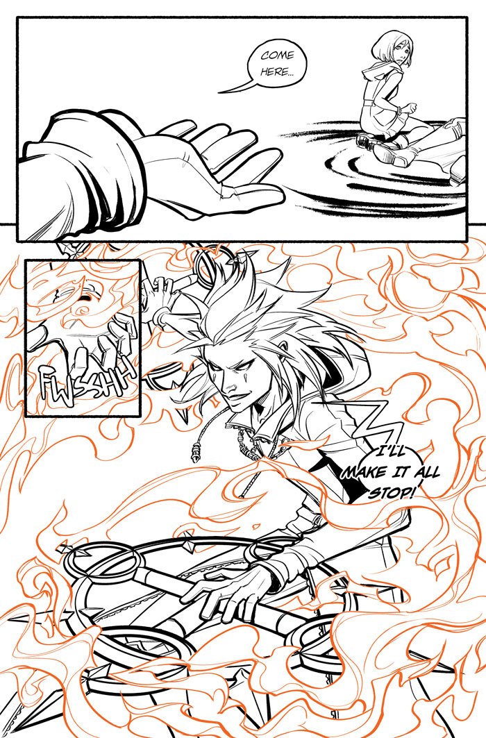A little comic about the first idea that came to mind from that really distressing trailer.
Just inks - might color later but now I need to sleep.

I think it'd be really cool to get to play as Kairi against Axel. Let her defeat her kidnapper and save her new friend/big brother 